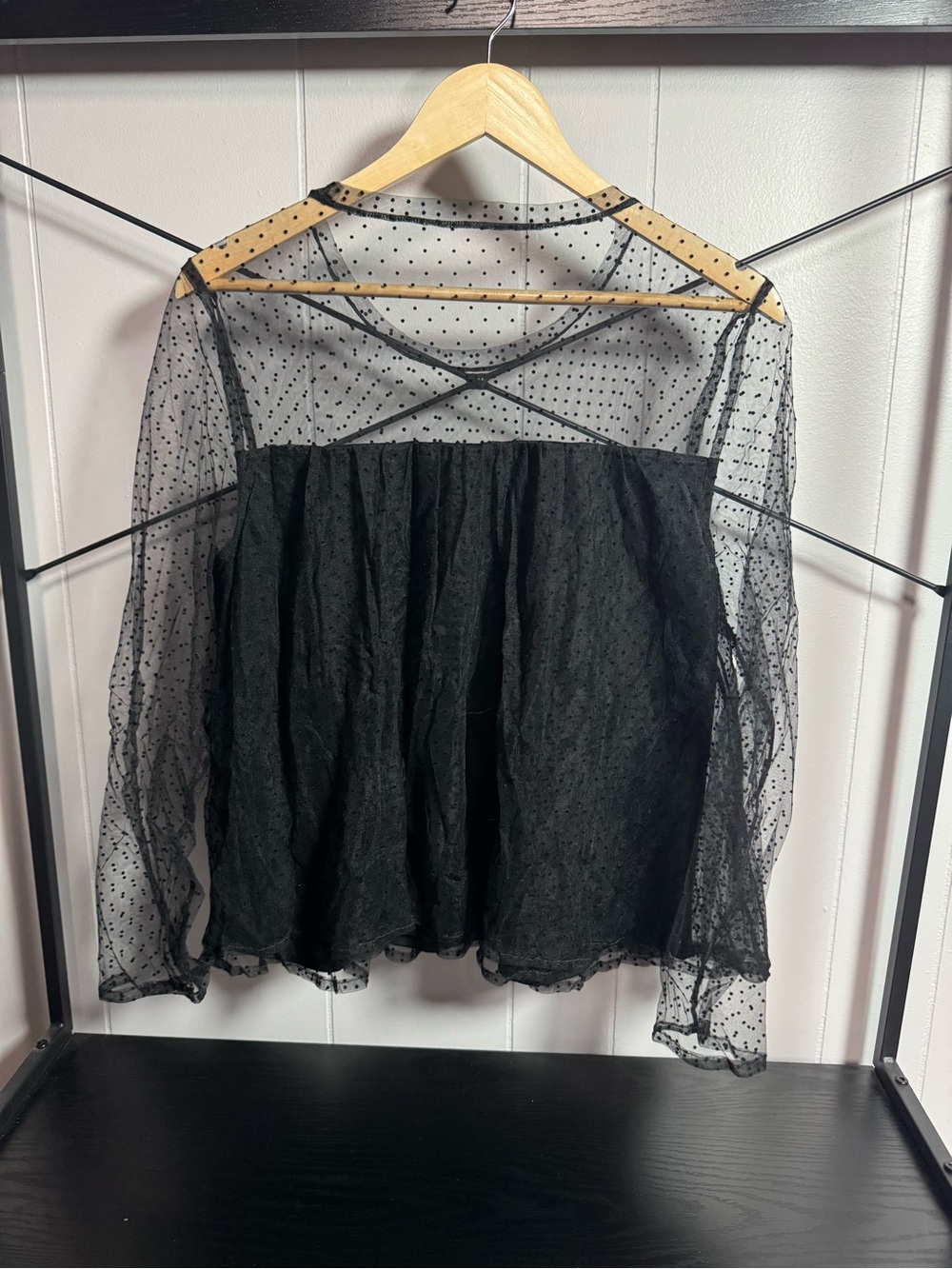 Banana Republic Black Sheer Polka Dot Long Sleeve Top
